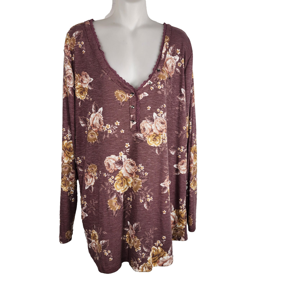 Maurices Womens Henley Thermal Top 3X Mauve Floral Rose Long Sleeve Lace Trim